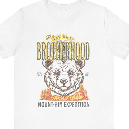 White t-shirt that says The Gay Bear Brotherhood Mount-him expedition