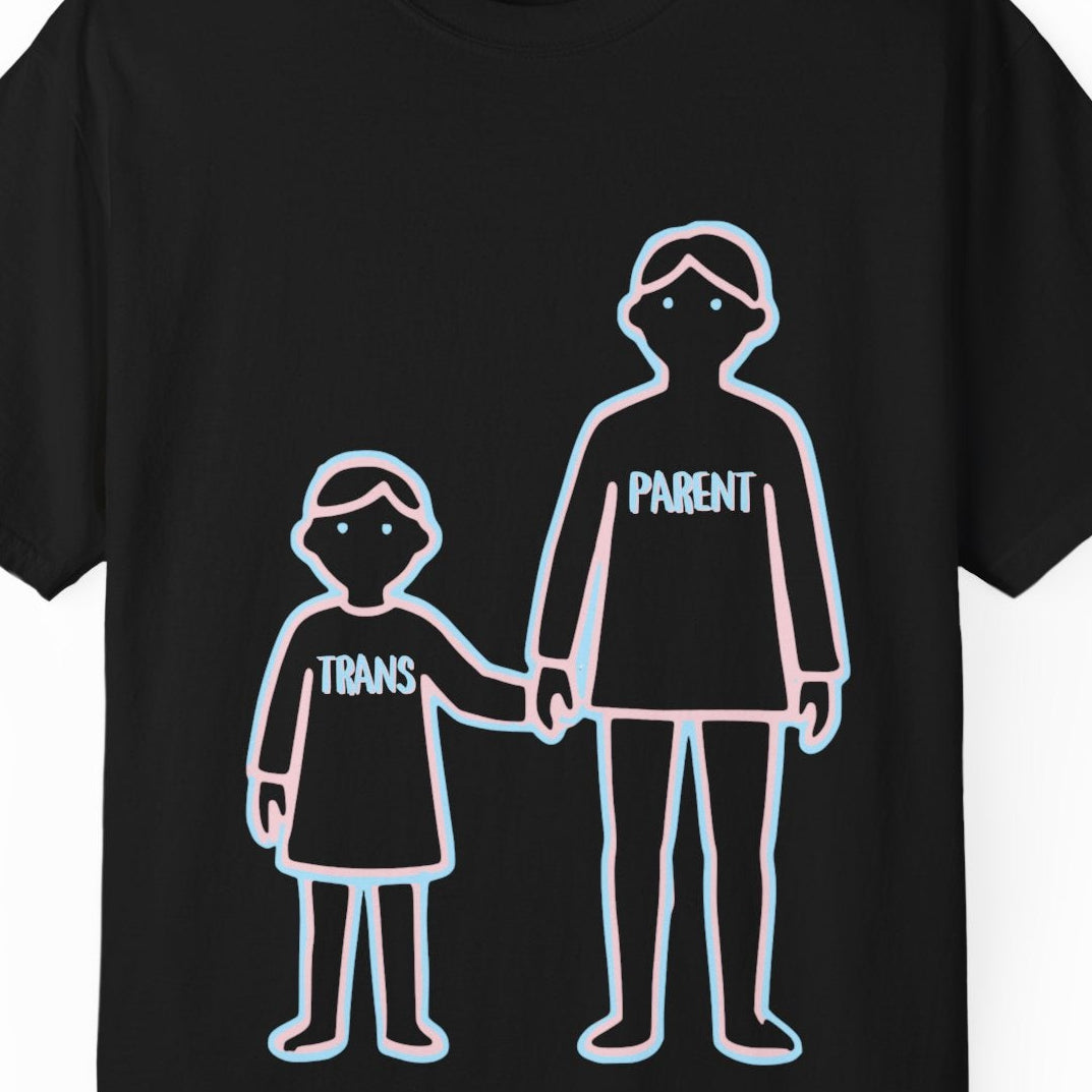 Gay pride black tee featuring Trans Parent hand-holding kid's hand design in Trans Pride colors, Designed by Queer Energy.