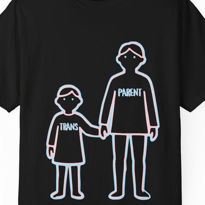 Gay pride black tee featuring Trans Parent hand-holding kid's hand design in Trans Pride colors, Designed by Queer Energy.
