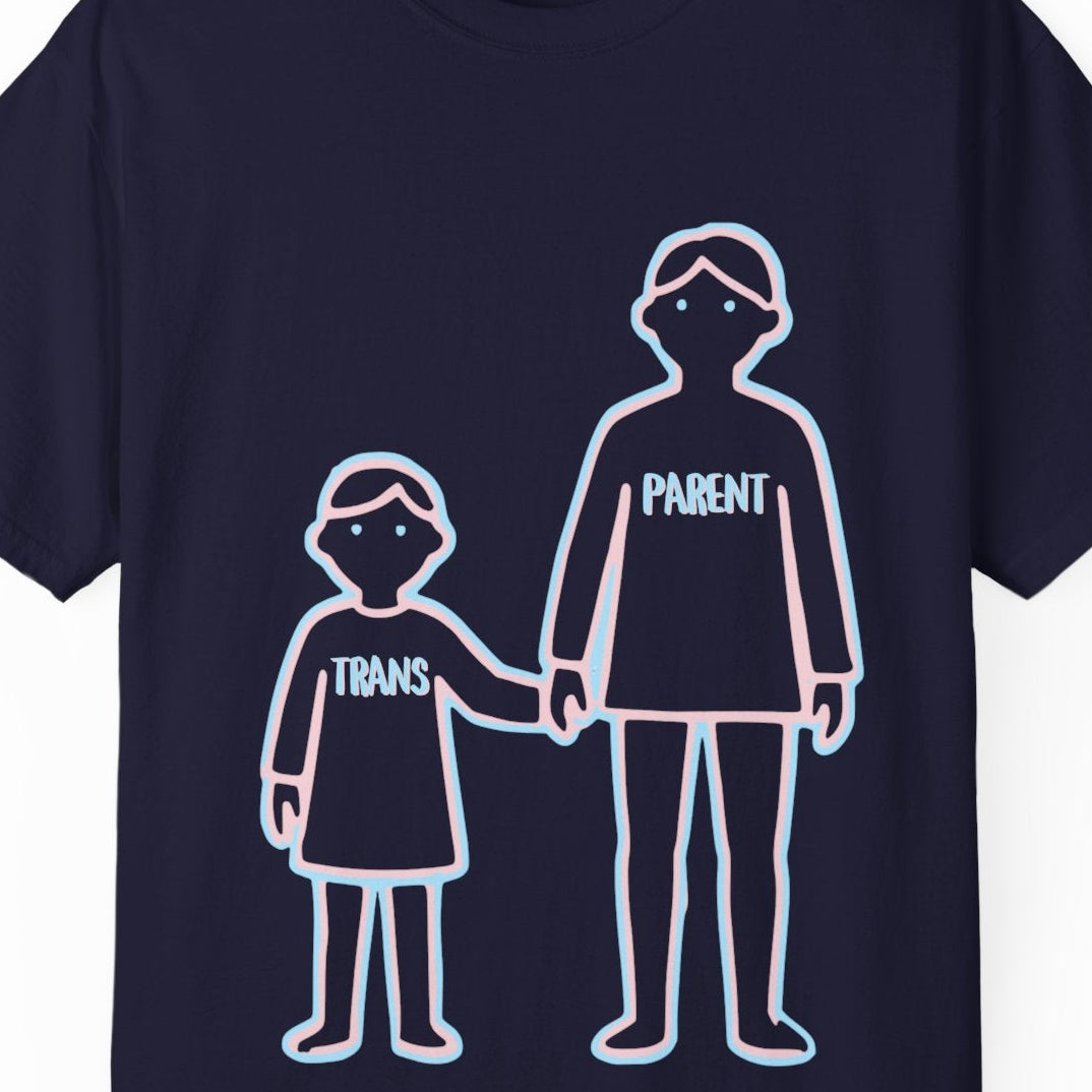 Gay pride navy blue tee featuring Trans Parent hand-holding kid's hand design in Trans Pride colors, Designed by Queer Energy.