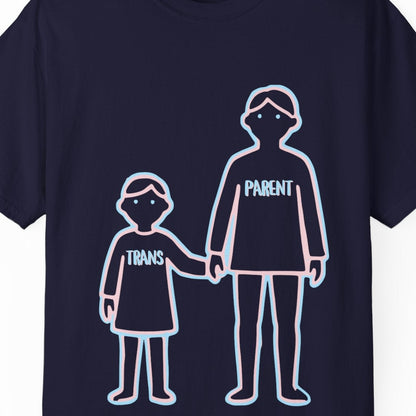 Gay pride navy blue tee featuring Trans Parent hand-holding kid's hand design in Trans Pride colors, Designed by Queer Energy.