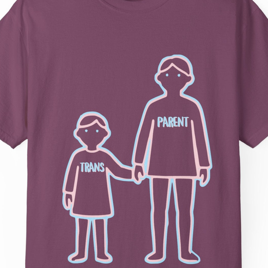Gay pride purple tee featuring Trans Parent hand-holding kid's hand design in Trans Pride colors, Designed by Queer Energy.