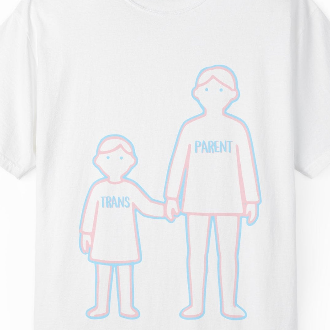 Gay pride white tee featuring Trans Parent hand-holding kid's hand design in Trans Pride colors, Designed by Queer Energy.