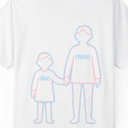 Gay pride white tee featuring Trans Parent hand-holding kid's hand design in Trans Pride colors, Designed by Queer Energy.