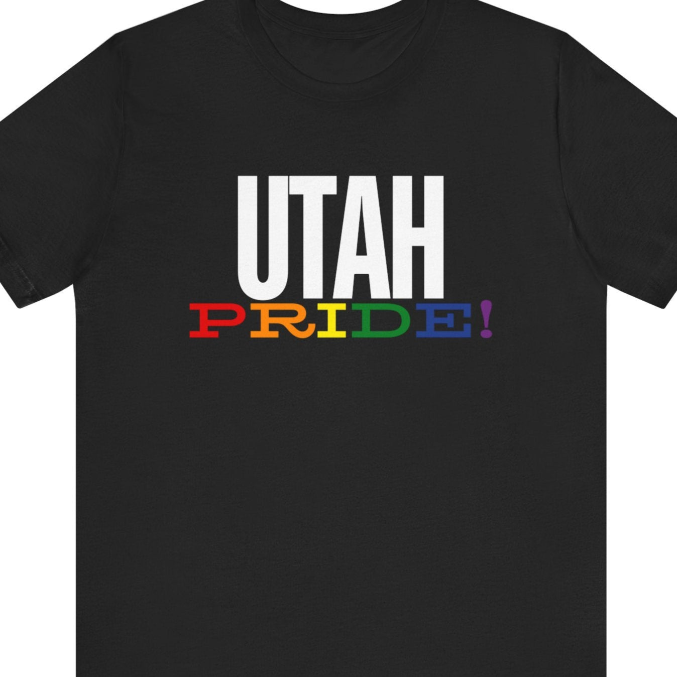 Gay pride black t-shirt with bold "UTAH PRIDE" text in rainbow colors – Designed by Queer Energy