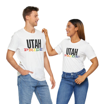 Mockup of a gay man and lesbian wearing white Gay pride t- bold "UTAH PRIDE" text in rainbow colors – Designed by Queer Energy