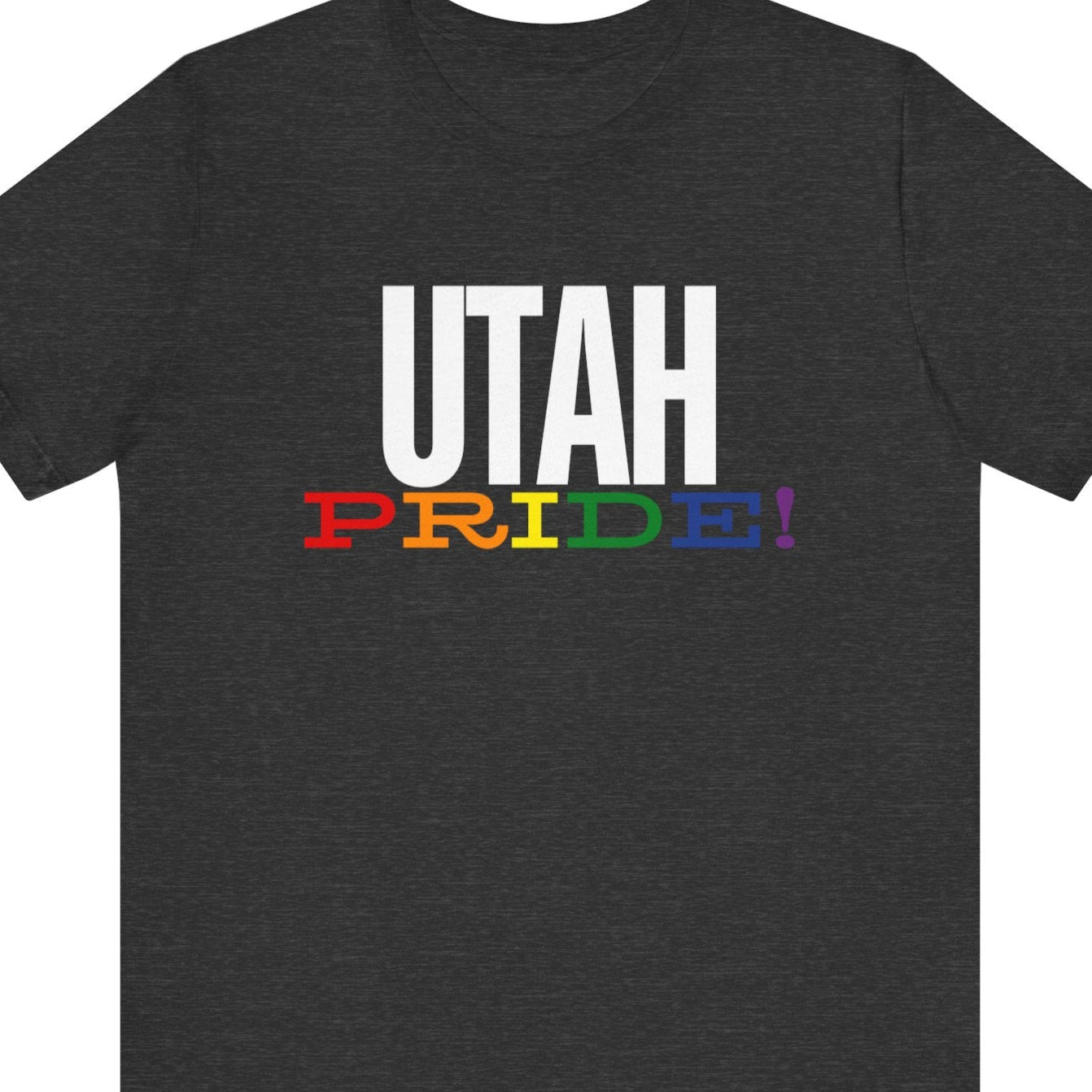 Grey Gay pride t-shirt with bold "UTAH PRIDE" text in rainbow colors – Designed by Queer Energy