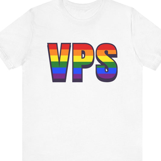 Gay pride t-shirt featuring VPS Destin – Fort Walton Beach Airport code in rainbow colors – Designed by Queer Energy in white