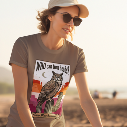 Mockup of Lesbian wearing a Gay pride tee featuring an owl with the phrase "WHO Can Turn Heads? Older Wiser Lesbians" in a vintage desert design by Queer Energy.