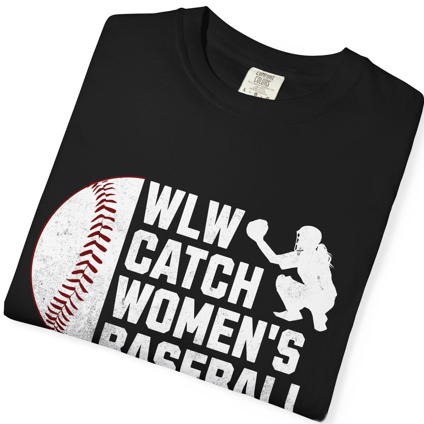 WLW Catch Women's Baseball black tee for lesbians, sapphics, and queer baseball fans. Designed by Queer Energy.