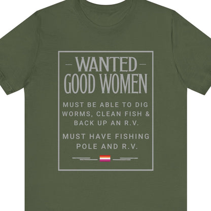 Lesbian pride t-shirt featuring Wanted Good Women funny design for LGBTQ+ fishing and RV lovers – Designed by Queer Energy in green