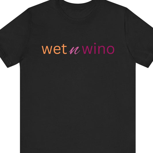 Gay pride t-shirt featuring Wet n Wino funny lesbian LGBTQ+ design in lesbian flag colors – Designed by Queer Energy in black
