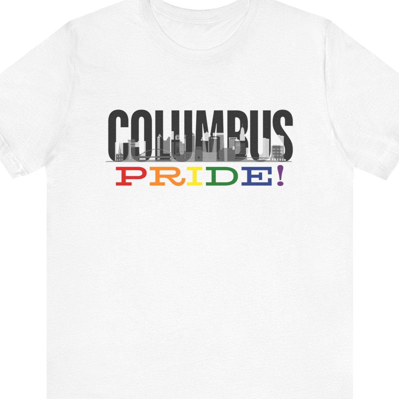 Gay pride white t-shirt featuring the Columbus skyline with rainbow accents and the LeVeque Tower – Designed by Queer Energy