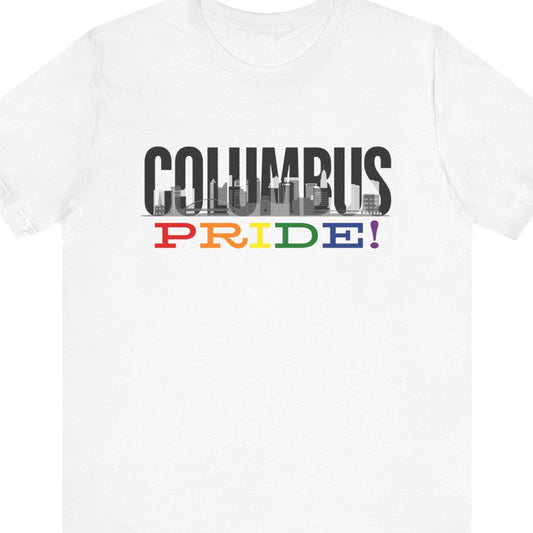 Gay pride white t-shirt featuring the Columbus skyline with rainbow accents and the LeVeque Tower – Designed by Queer Energy