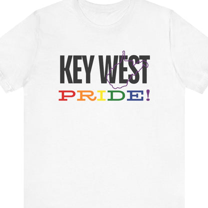 white Gay pride t-shirt with bold "KEY WEST PRIDE" text in rainbow colors – Designed by Queer Energy