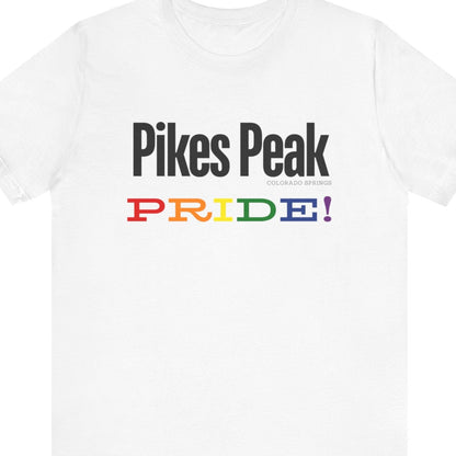 White Gay pride t-shirt featuring the Colorado Springs skyline with rainbow accents – Designed by Queer Energy