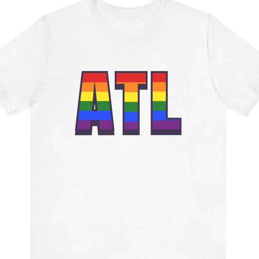 White Pride T-shirt that says ATL | Atlanta International Airport | Queer Pride tee with the text in LGBTQ Pride rainbow colors