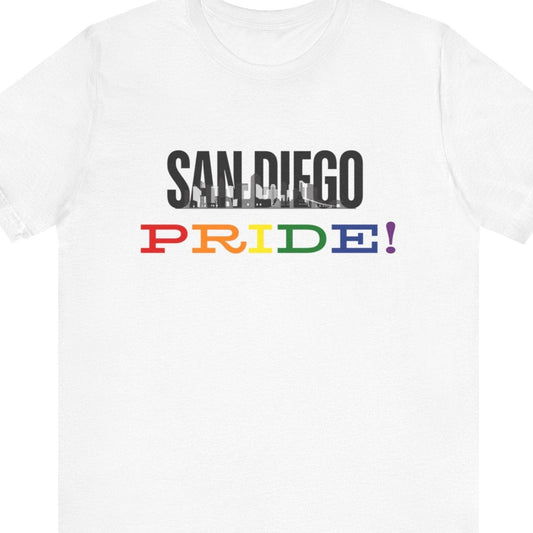 White Gay pride t-shirt featuring the San Diego skyline with rainbow accents – Designed by Queer Energy