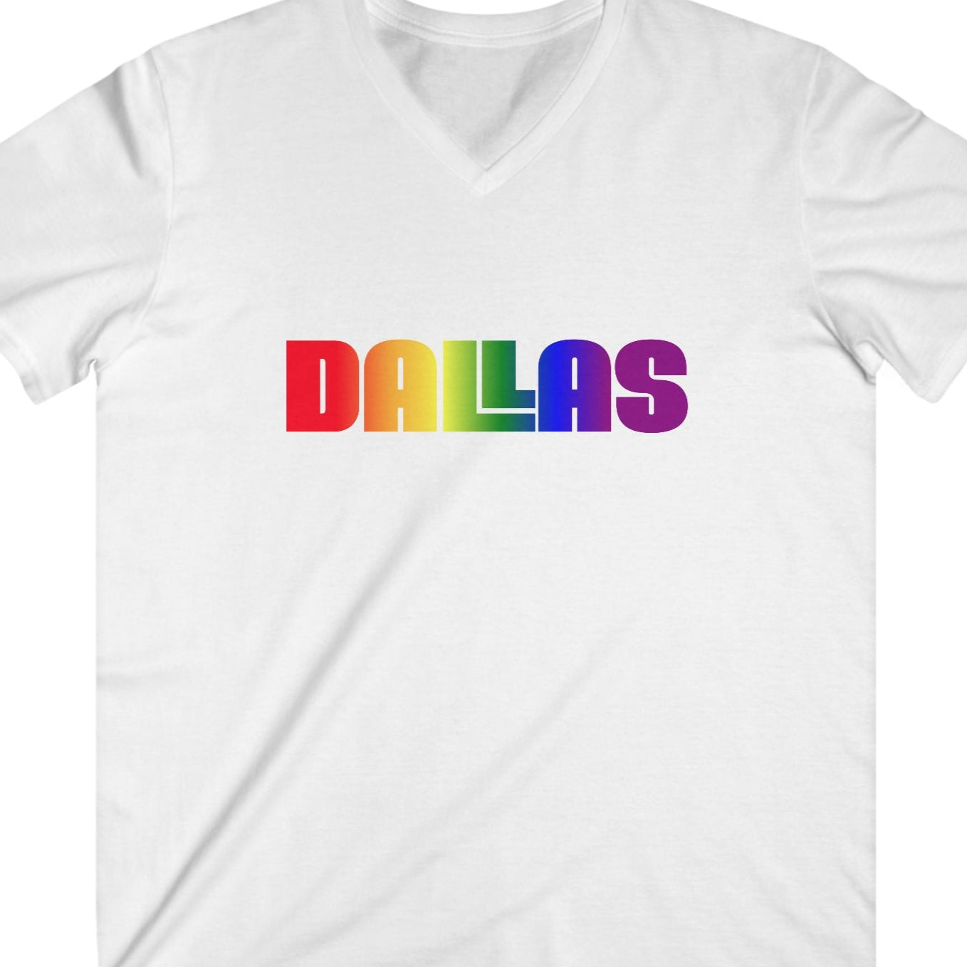 White gay pride tee that says Dallas in LGBTQ Pride colors. Designed by Queer Energy