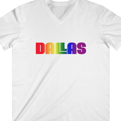 White gay pride tee that says Dallas in LGBTQ Pride colors. Designed by Queer Energy