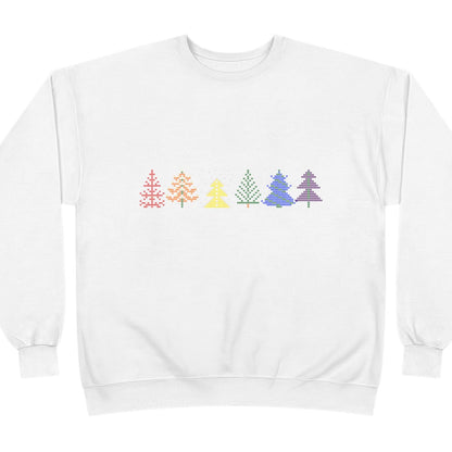 White sweatshirt with Pride embroidered print trees on a white background