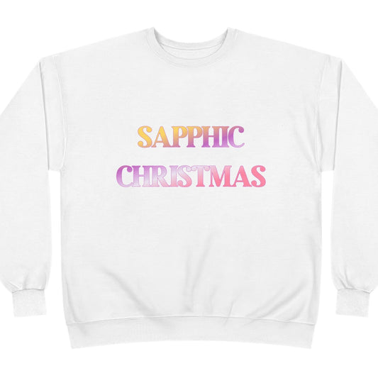 White sweatshirt with 'Sapphic Christmas' text in Sapphic colors on a white background