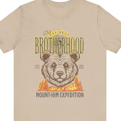 Tan t-shirt that says The Gay Bear Brotherhood Mount-him expedition