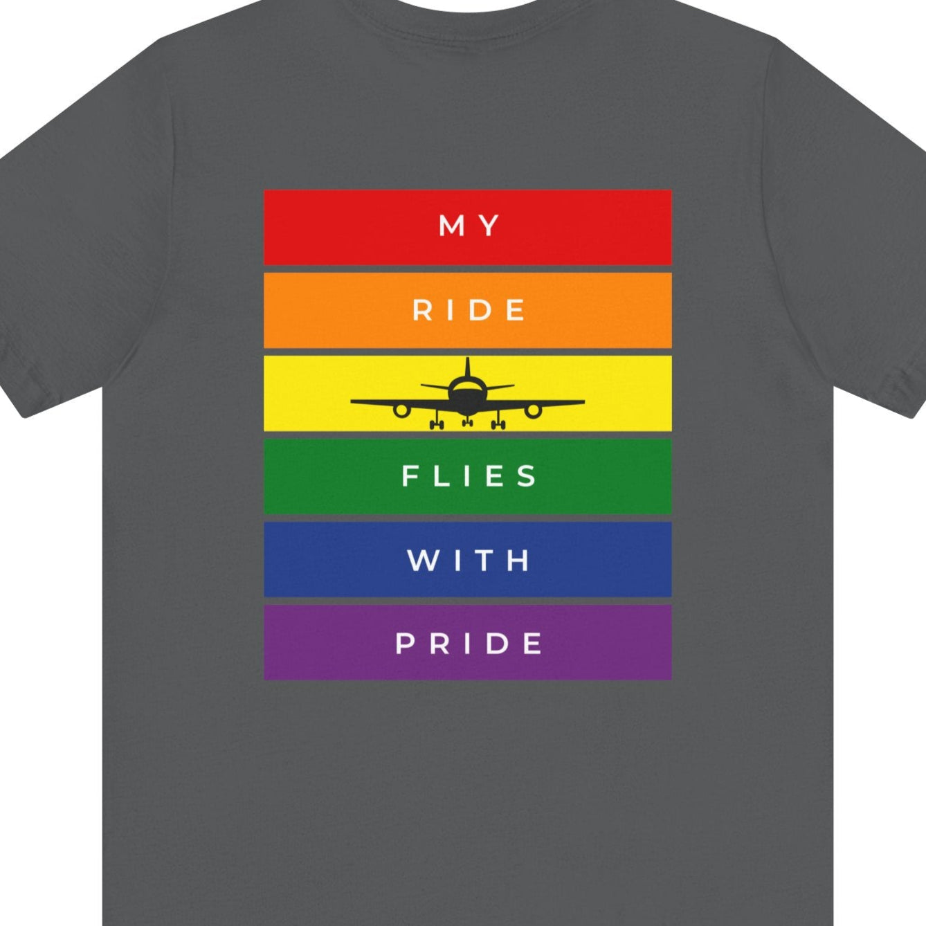 back of dark gray Gay pride t-shirt that says “Airplane Mode” on the front and has an airplane with LGBTQ rainbow colors on the back – Designed by Queer Energy