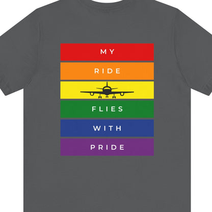 back of dark gray Gay pride t-shirt that says “Airplane Mode” on the front and has an airplane with LGBTQ rainbow colors on the back – Designed by Queer Energy