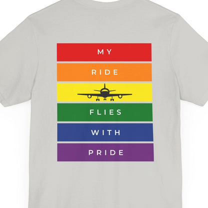 back of gray Gay pride t-shirt that says “Airplane Mode” on the front and has an airplane with LGBTQ rainbow colors on the back – Designed by Queer Energy