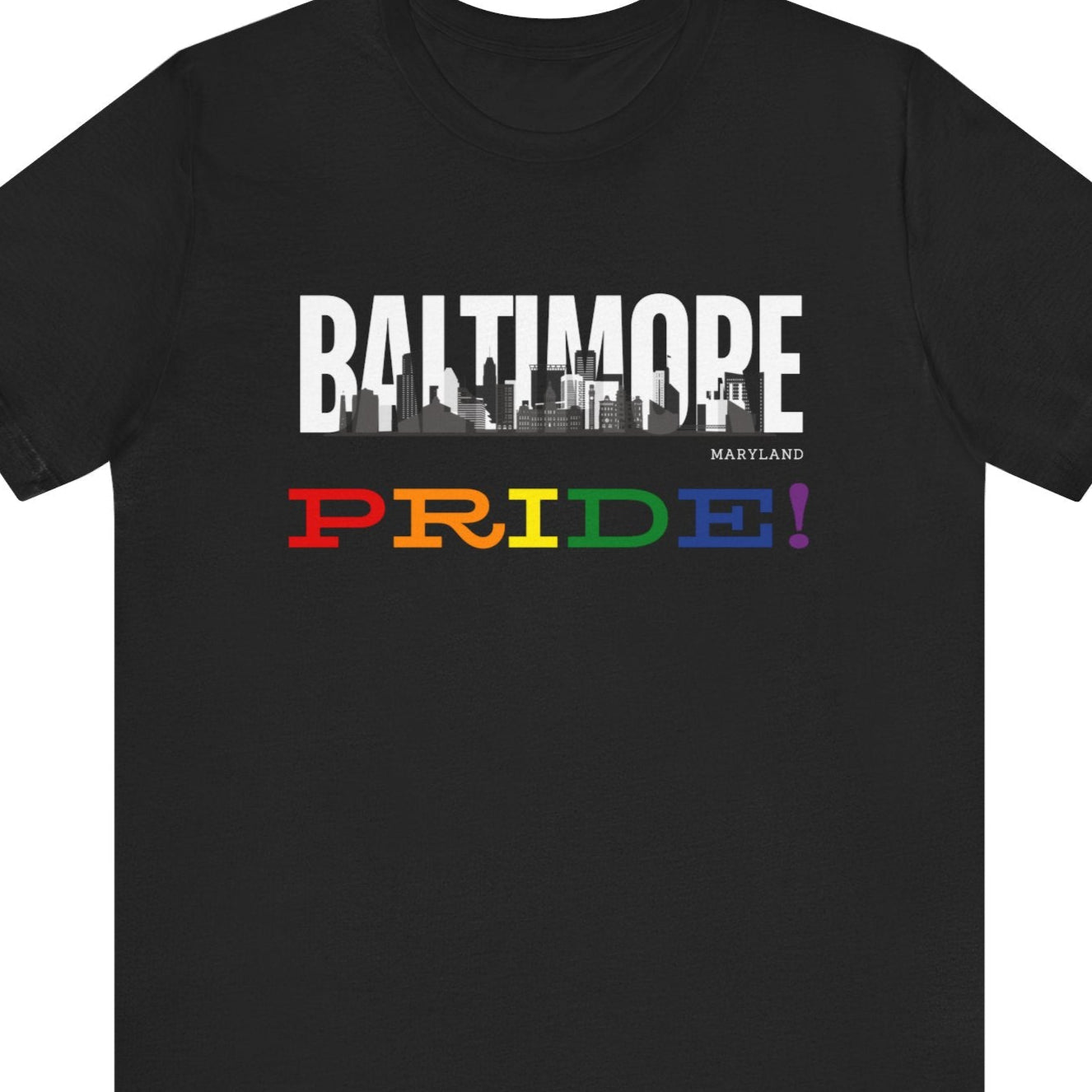 Baltimore Pride Tee black Gay pride t-shirt featuring the Baltimore skyline with rainbow accents – Designed by Queer Energy