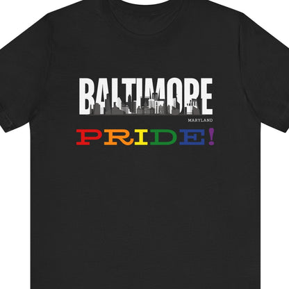 Baltimore Pride Tee black Gay pride t-shirt featuring the Baltimore skyline with rainbow accents – Designed by Queer Energy