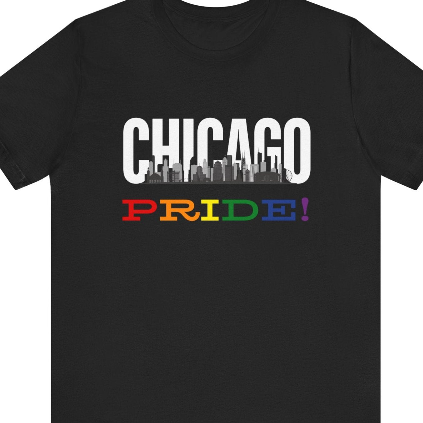 black Gay pride t-shirt featuring the Chicago skyline with rainbow accents – Designed by Queer Energy