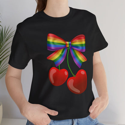 Coquette Cherrys & Pride Bow | Flirty LGBTQ Pride T-Shirt - Designed by Queer Energy - Queer Energy