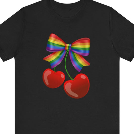 Coquette Cherrys & Pride Bow | Flirty LGBTQ Pride T-Shirt - Designed by Queer Energy - Queer Energy