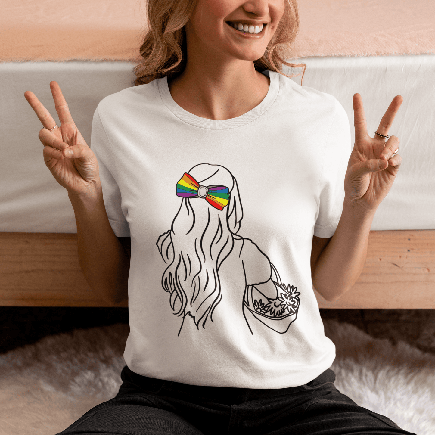 Flower Girl | LGBTQ Feminine Pride Tee with Rainbow Bow - Queer Energy