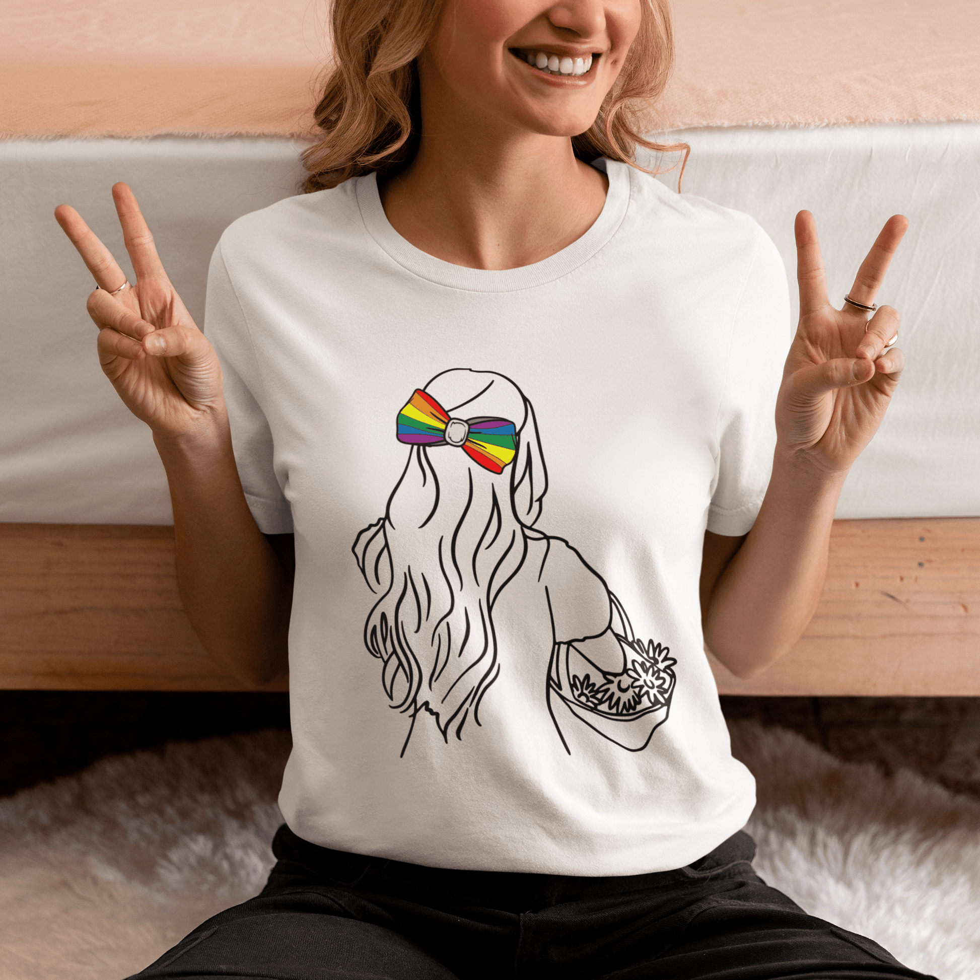 Flower Girl | LGBTQ Feminine Pride Tee with Rainbow Bow - Queer Energy