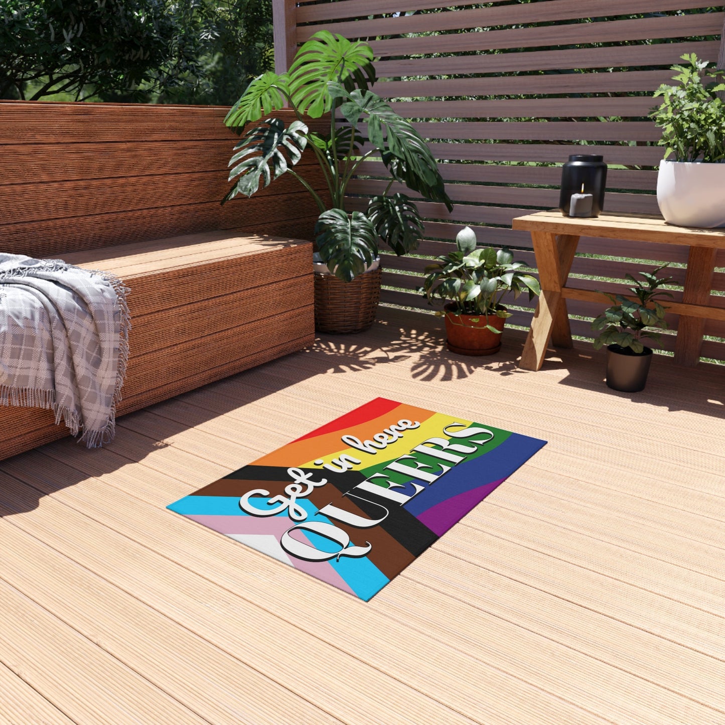 Get in here QUEERS | LGBTQ Pride Progress Rainbow Home Decor Outdoor Rug - Queer Energy