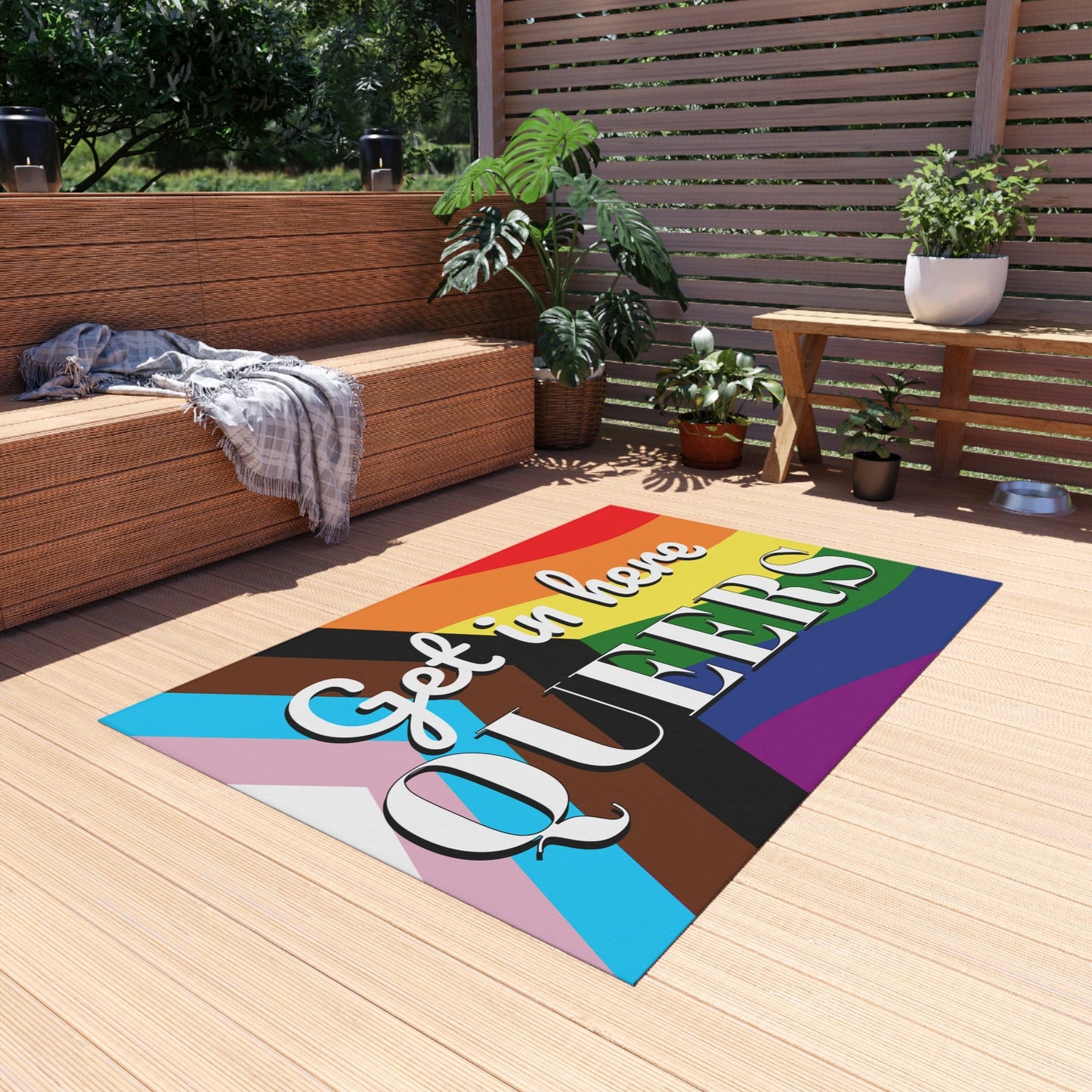 Get in here QUEERS | LGBTQ Pride Progress Rainbow Home Decor Outdoor Rug - Queer Energy