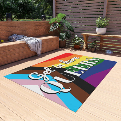 Get in here QUEERS | LGBTQ Pride Progress Rainbow Home Decor Outdoor Rug - Queer Energy
