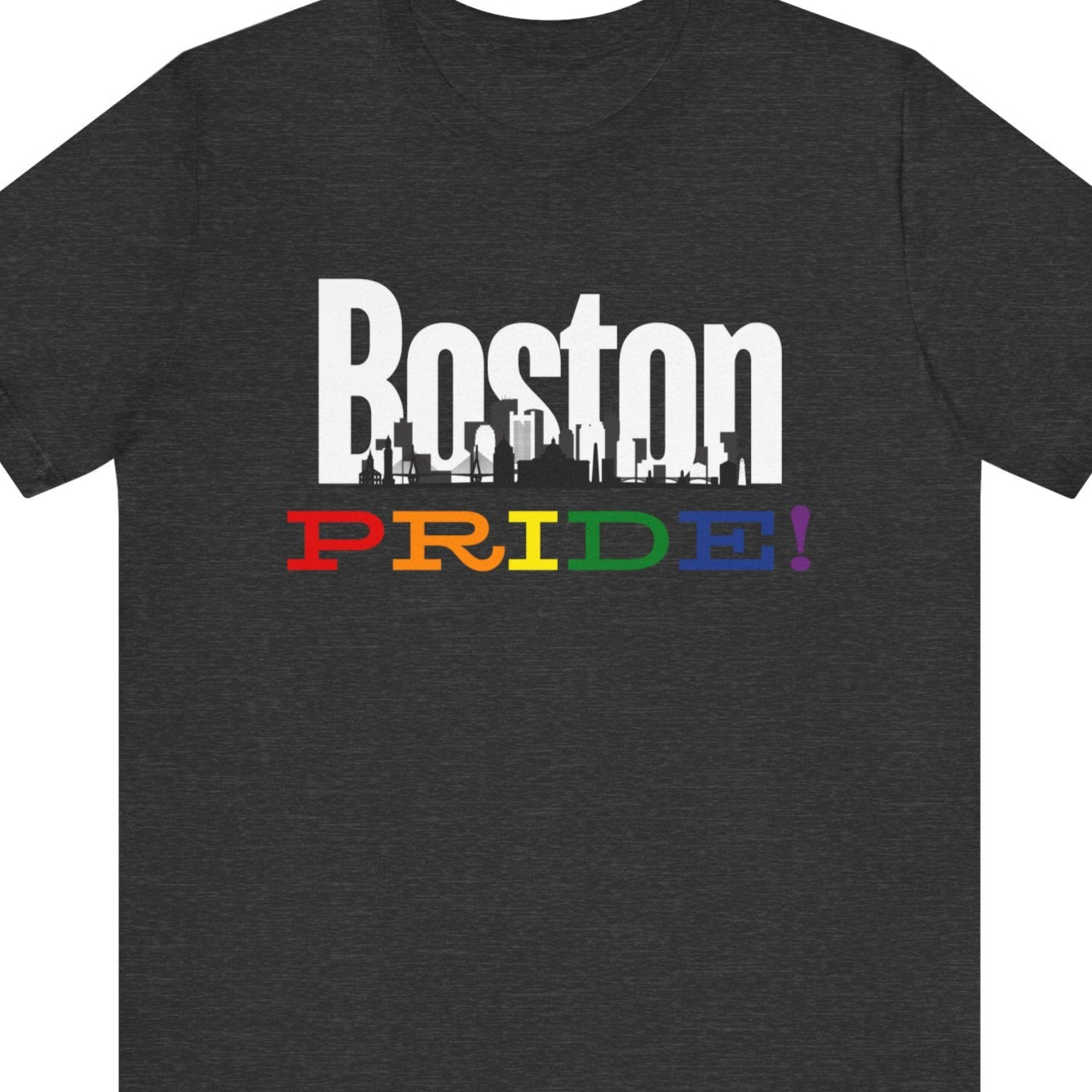 gray Gay pride t-shirt featuring the Boston skyline with rainbow accents and the Zakim Bridge – Designed by Queer Energy