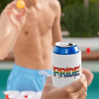 Happy Pride | LGBTQ Faux Patchwork Can Cooler Designed by Queer Energy - Queer Energy