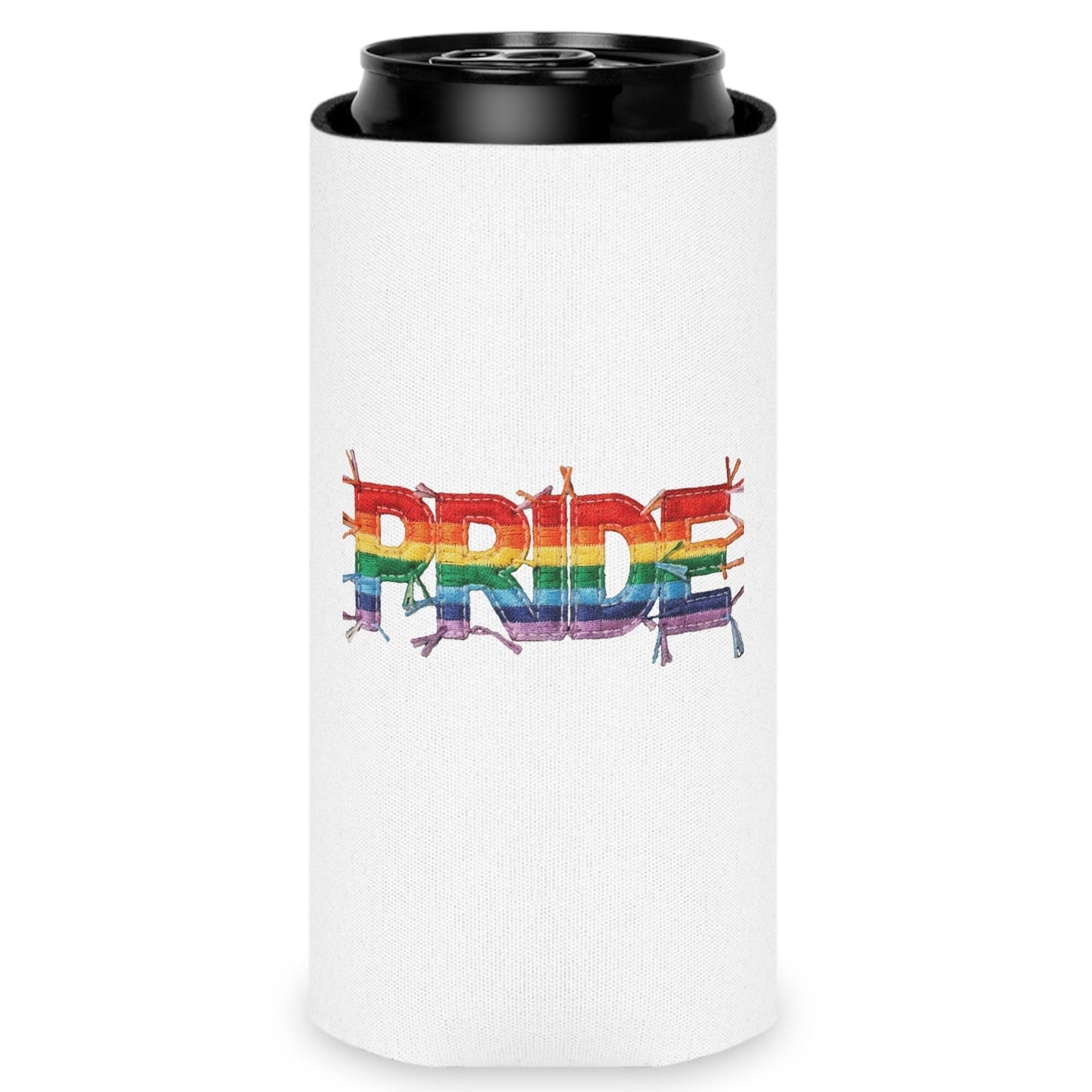 Happy Pride | LGBTQ Faux Patchwork Can Cooler Designed by Queer Energy - Queer Energy