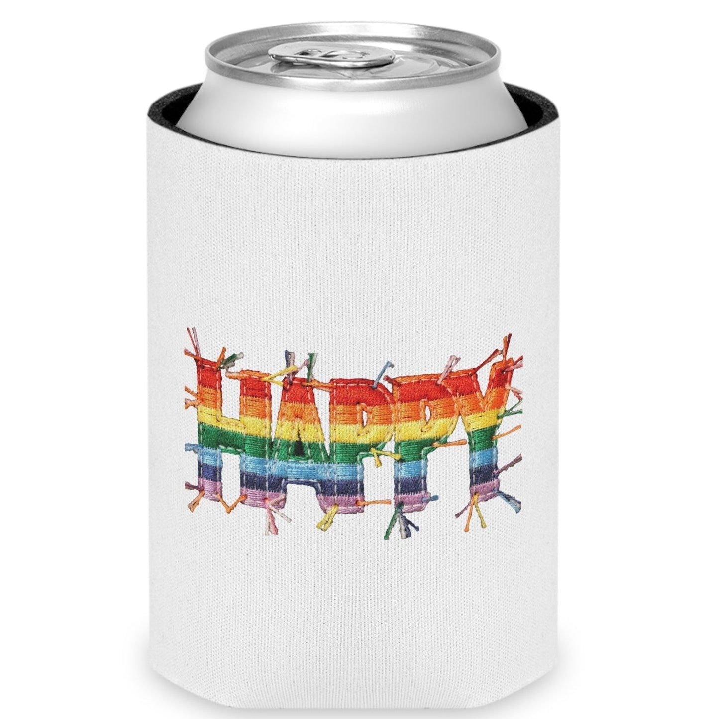 Happy Pride | LGBTQ Faux Patchwork Can Cooler Designed by Queer Energy - Queer Energy