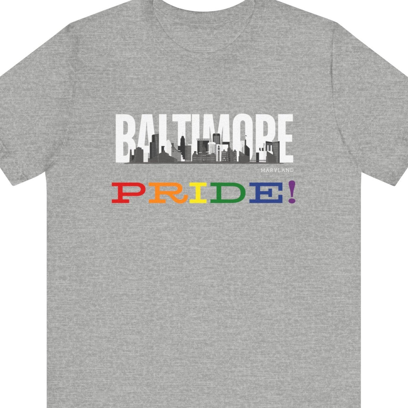 heather gray Gay pride t-shirt featuring the Baltimore skyline with rainbow accents – Designed by Queer Energy - Baltimore Pride Tee