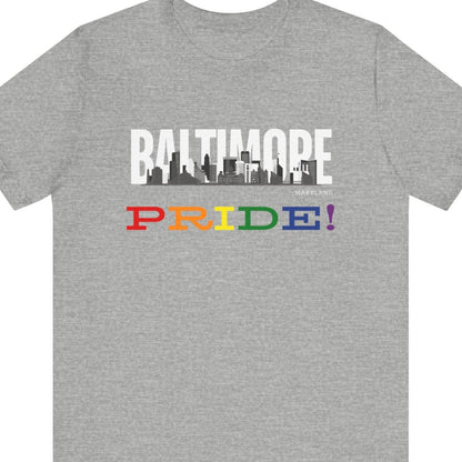 heather gray Gay pride t-shirt featuring the Baltimore skyline with rainbow accents – Designed by Queer Energy - Baltimore Pride Tee