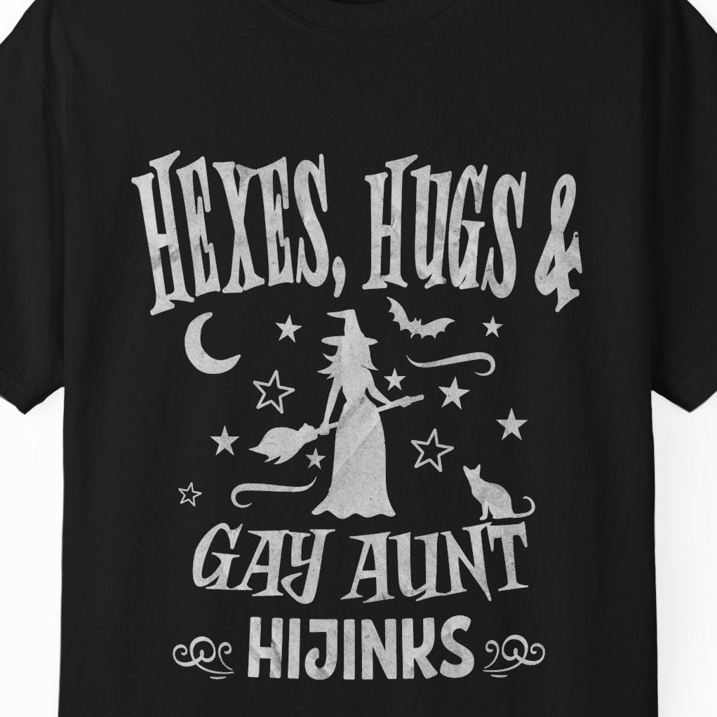 Hexes, Hugs & Gay Aunt Hijinks | Funny Halloween Lesbian Tee Designed by Queer Energy - Queer Energy