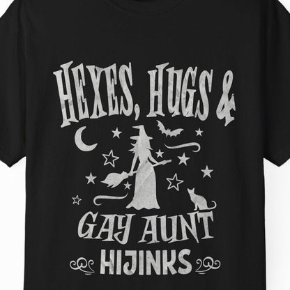 Hexes, Hugs & Gay Aunt Hijinks | Funny Halloween Lesbian Tee Designed by Queer Energy - Queer Energy