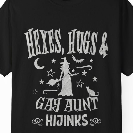 Hexes, Hugs & Gay Aunt Hijinks | Funny Halloween Lesbian Tee Designed by Queer Energy - Queer Energy