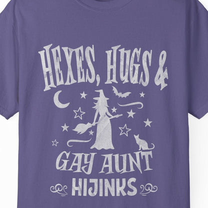 Hexes, Hugs & Gay Aunt Hijinks | Funny Halloween Lesbian Tee Designed by Queer Energy - Queer Energy